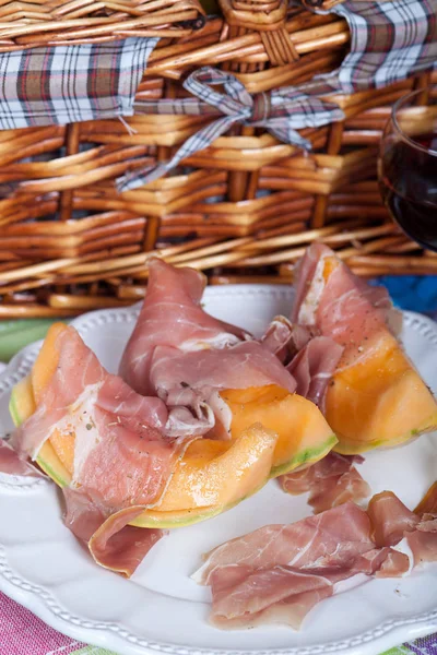 Fresh Cantaloupe Melon Italian Parma Ham — Stock Photo, Image