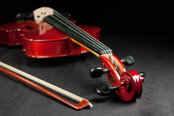 美丽的小提琴和弓在黑暗的天鹅绒背景 — 图库照片