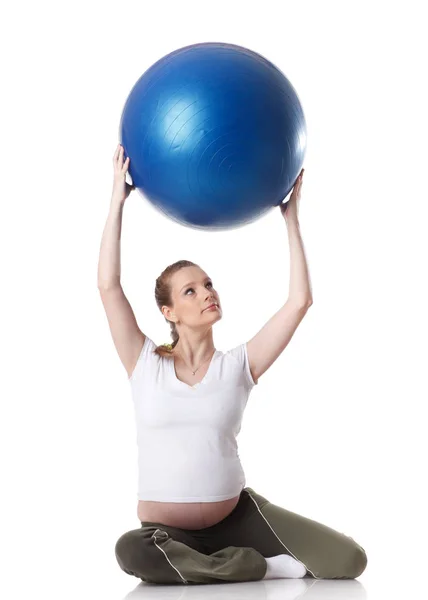 Mulher Grávida Ativa Faz Exercícios Esportes Contexto Branco Cuidados Saúde — Fotografia de Stock