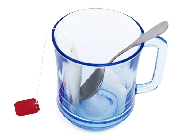 Blaue Tasse Mit Teebeutel Und Löffel Darin — Stockfoto