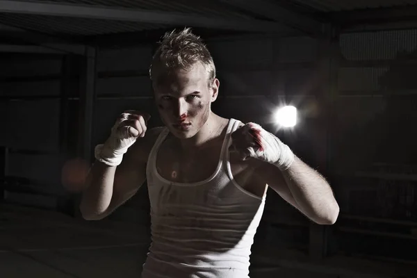 Young Man Boxing Gloves Punching Bag — Stock Photo, Image