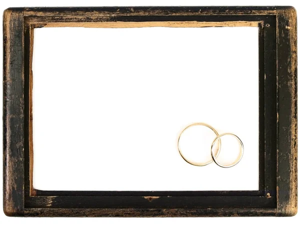 Vintage Wooden Frame Two Wedding Rings Copyspace Your Text — Stock Photo, Image
