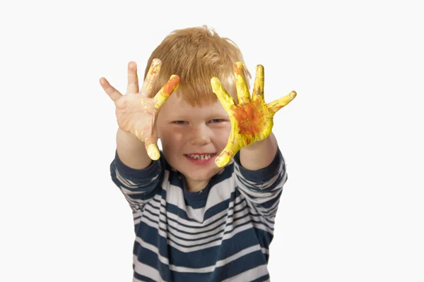 Chłopiec Maluje Palcami Farbami — Zdjęcie stockowe