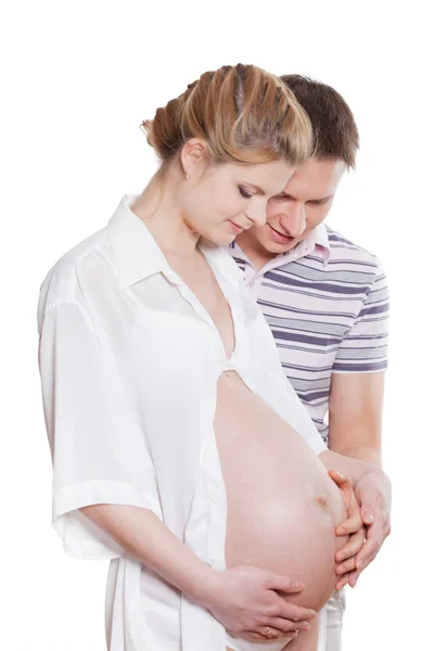 Mujer Embarazada Feliz Con Marido Sobre Fondo Blanco — Foto de Stock