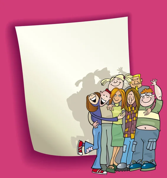 Illustration Dessin Animé Avec Page Blanche Drôle Groupe Adolescents — Photo