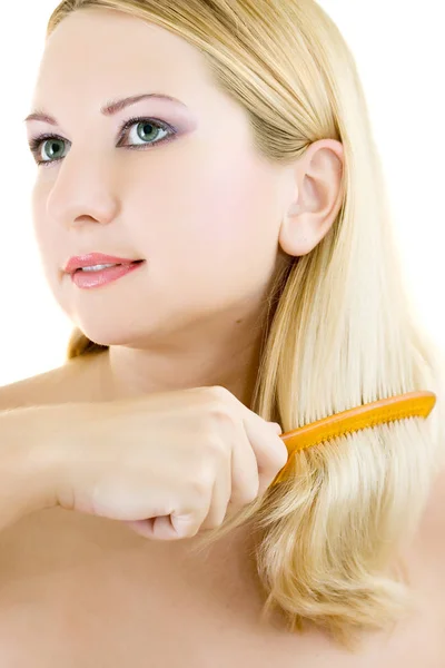 Young Woman Hairbrush White Background — Stock Photo, Image