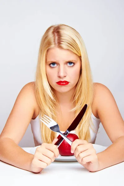 Happy Young Woman Eating Fruit Silverware Stock Photo