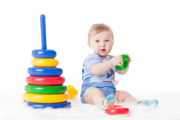 Söt Liten Baby Med Leksak Vit Bakgrund — Stockfoto