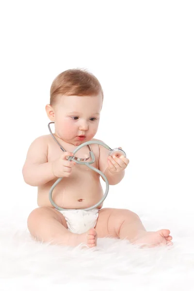 Bebé Dulce Con Estetoscopio Sobre Fondo Blanco —  Fotos de Stock