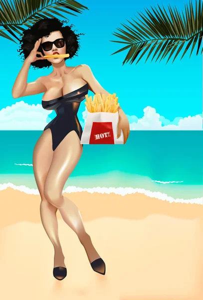 Sexy Vacancier Sur Plage Manger Des Frites — Photo