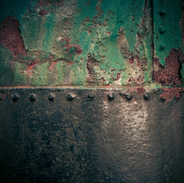 Grungy Rusty Old Iron Texture Weathered Green Paint Riveted Join — Stock Photo, Image