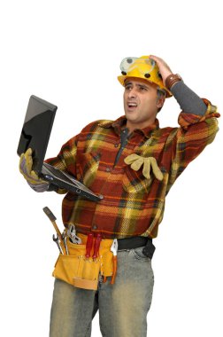 Worker with laptop isolated in white clipart