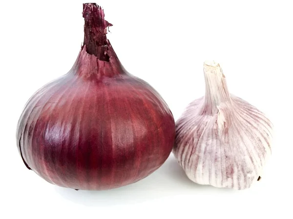 Foto Der Zwiebel Und Knoblauch Vor Weißem Hintergrund — Stockfoto