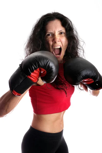 Junges Mädchen Mit Boxhandschuhen Isoliert Weiß — Stockfoto