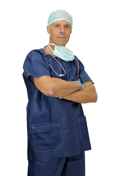 Doctor Uniform Poseren Geïsoleerd Wit — Stockfoto