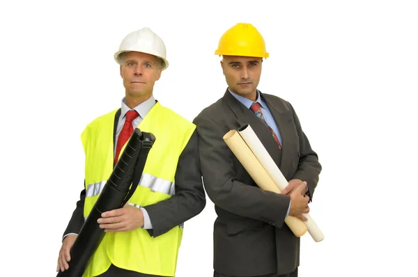 Twee Ingenieurs Geïsoleerd Tegen Een Witte Achtergrond — Stockfoto