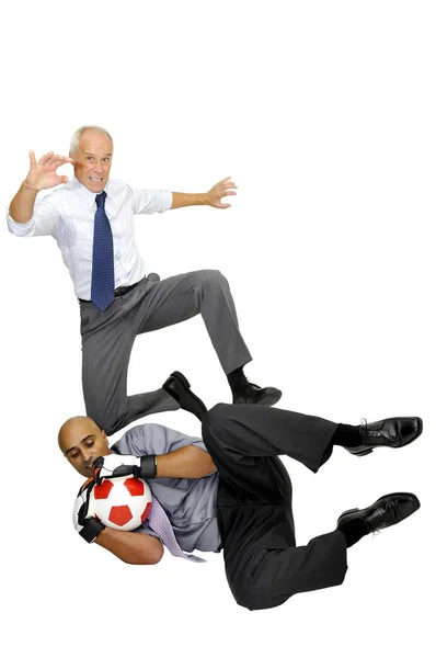 Dois Empresários Jogando Futebol Isolado Branco — Fotografia de Stock