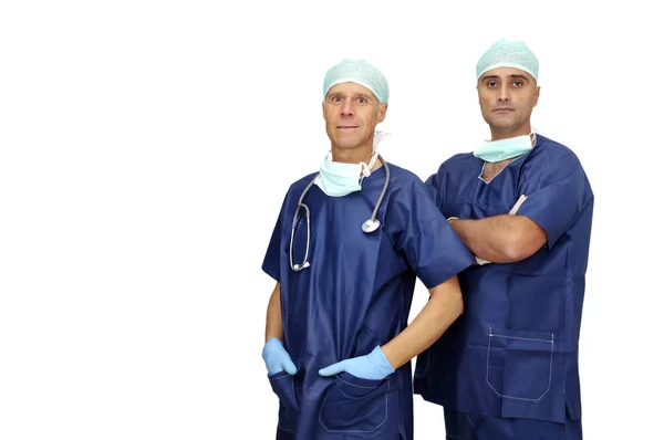 Artsen Team Uniform Poseren Geïsoleerd Wit — Stockfoto