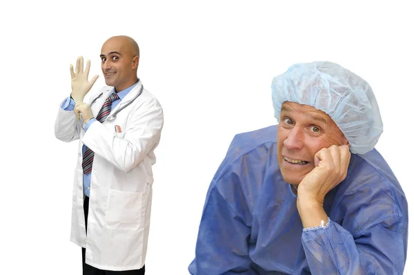 Läkare Sätta Sina Handskar För Att Undersöka Patient Isolerad Vitt — Stockfoto