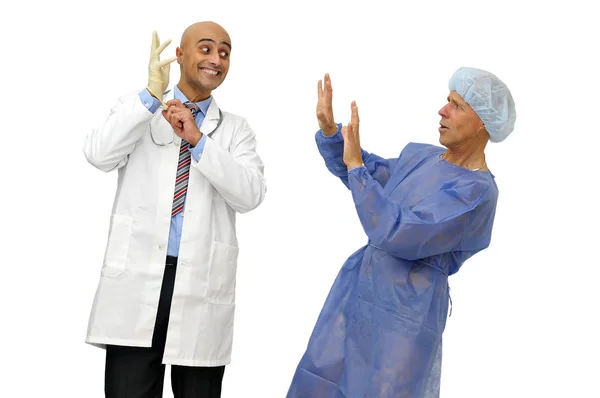 Médico Que Prepara Para Examinar Paciente Isolado Branco — Fotografia de Stock