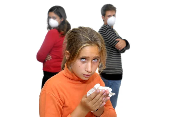 Gruppe Von Kindern Mit Masken Gegen Grippe Und Einem Bereits — Stockfoto