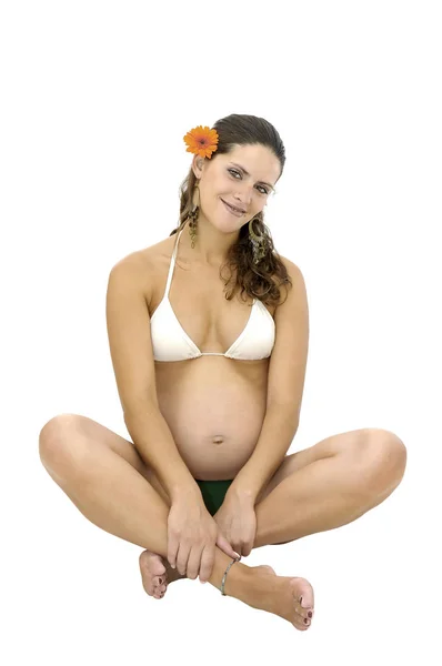 Gravid Kvinna Med Tatuering Bikini Isolerad Vitt — Stockfoto