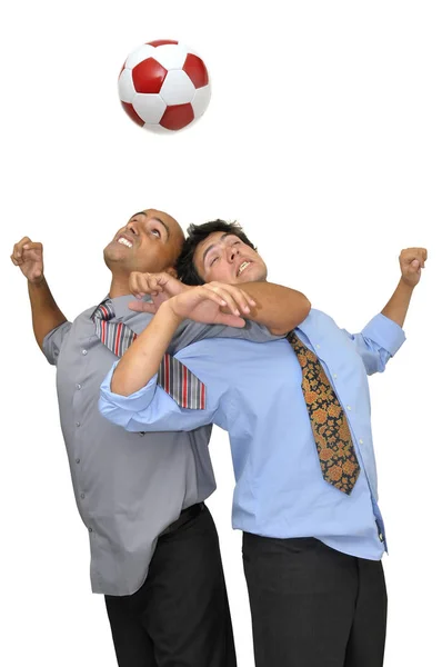 Twee Zakenmannen Vechten Voor Een Bal Header Een Voetbalwedstrijd Geïsoleerd — Stockfoto