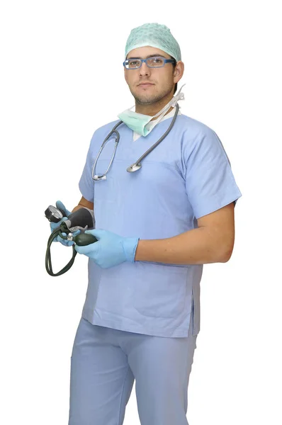 Doctor Uniform Poseren Geïsoleerd Wit — Stockfoto