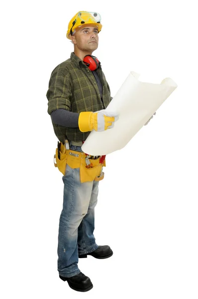 Worker Project Looking Construction Site Isolated White — Stock Photo, Image
