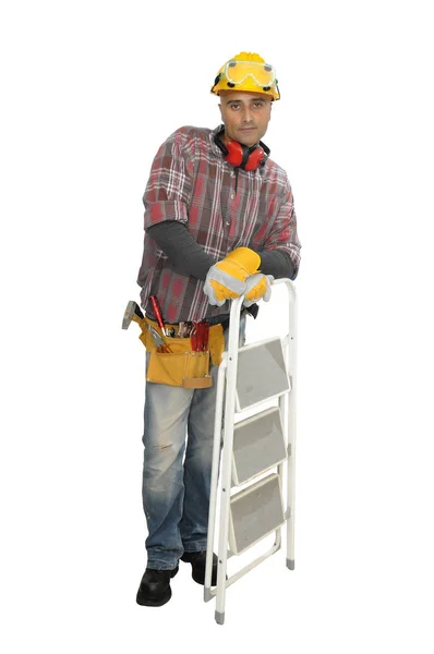 Bauarbeiter Mit Leiter Isoliert Weiß — Stockfoto