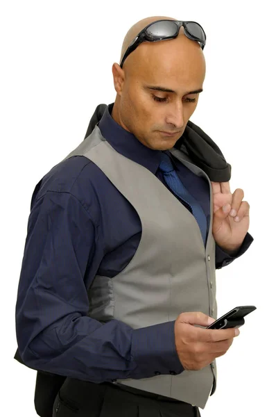 Homme Affaires Avec Téléphone Portable Isolé Sur Fond Blanc — Photo