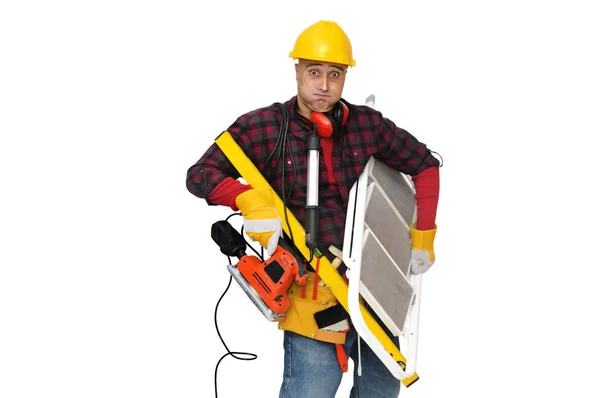 Trabalhador Construção Estressado Com Muitas Ferramentas Isoladas Branco — Fotografia de Stock