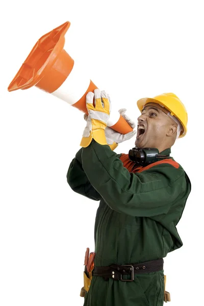 Construction Worker Shouting Isolated White — Stock Photo, Image