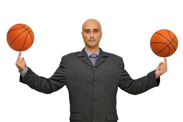 Бизнесмен Несколькими Баскетбольными Мячами Изолирован Белом — стоковое фото