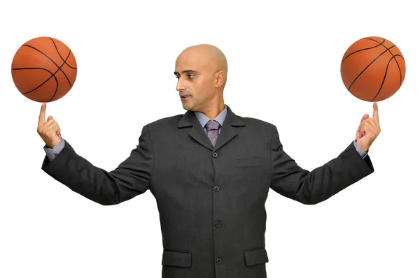 Affärsman Med Flera Basketbollar Isolerade Vitt — Stockfoto
