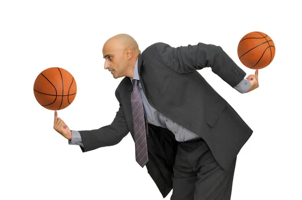 Geschäftsmann Mit Mehreren Basketbällen Weiß — Stockfoto