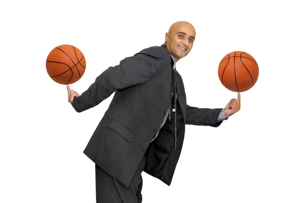 Uomo Affari Con Diversi Palloni Basket Isolati Bianco — Foto Stock