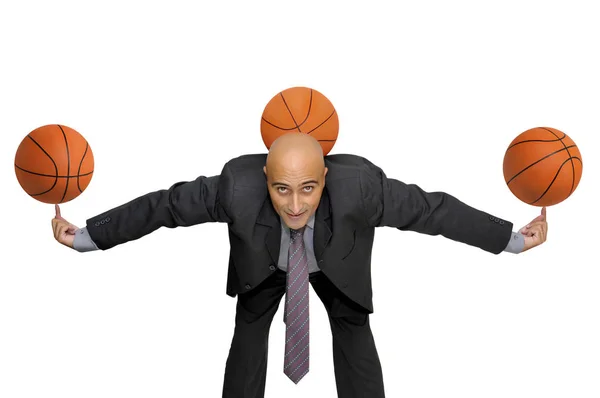 Zakenman Met Meerdere Basketballen Geïsoleerd Wit — Stockfoto