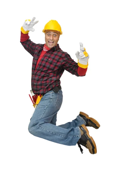 Happy Construction Worker Jumping Isolated White — Stock Photo, Image