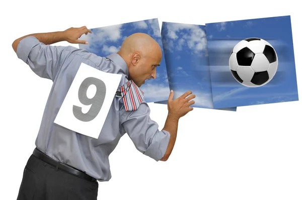 Businessman Acrobatic Pose Soccer Ball Isolated White Squares Sky Background — Stock Photo, Image