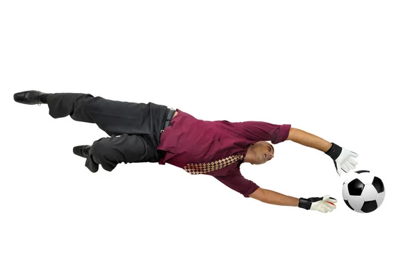 Голкипер Перчатками Акробатической Позе Футбольным Мячом Белом — стоковое фото
