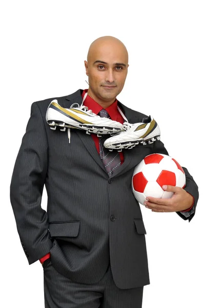 Geschäftsmann Mit Fußball Weiß — Stockfoto