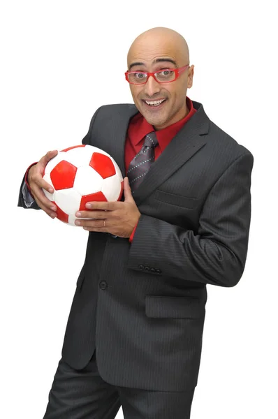 Biznesmen Piłką Nożną Odizolowany Kolorze Białym — Zdjęcie stockowe