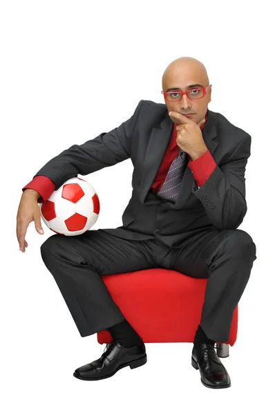 Homme Affaires Avec Ballon Football Isolé Blanc — Photo