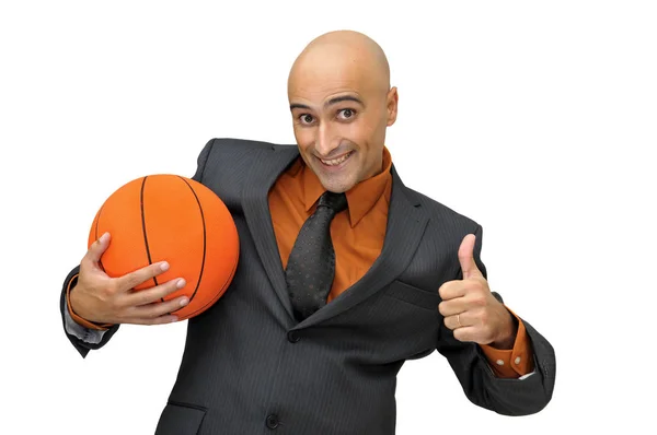 Homme Affaires Avec Ballon Basket Isolé Blanc — Photo