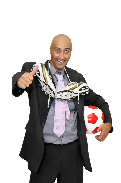 Бизнесмен Футбольным Мячом Изолирован Белом — стоковое фото