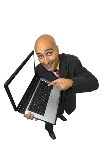 Dizüstü Bilgisayarı Olan Bir Adamı Beyazla Izole Edilmiş — Stok fotoğraf