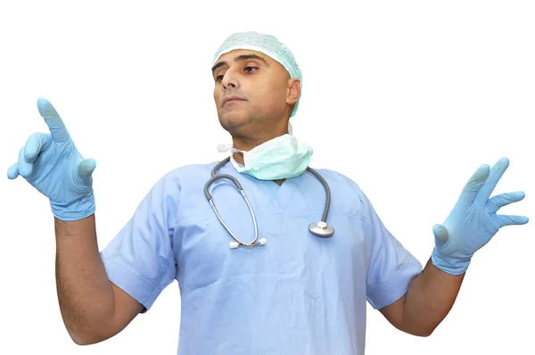 Médico Uniforme Empurrando Botões Isolados Branco — Fotografia de Stock