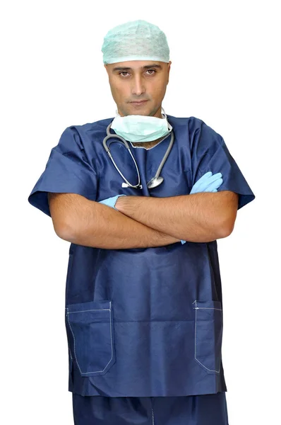 Doctor Uniform Poseren Geïsoleerd Wit — Stockfoto