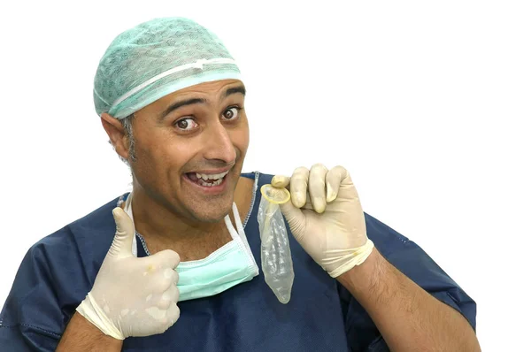 Doctor Con Condón Aislado Blanco —  Fotos de Stock